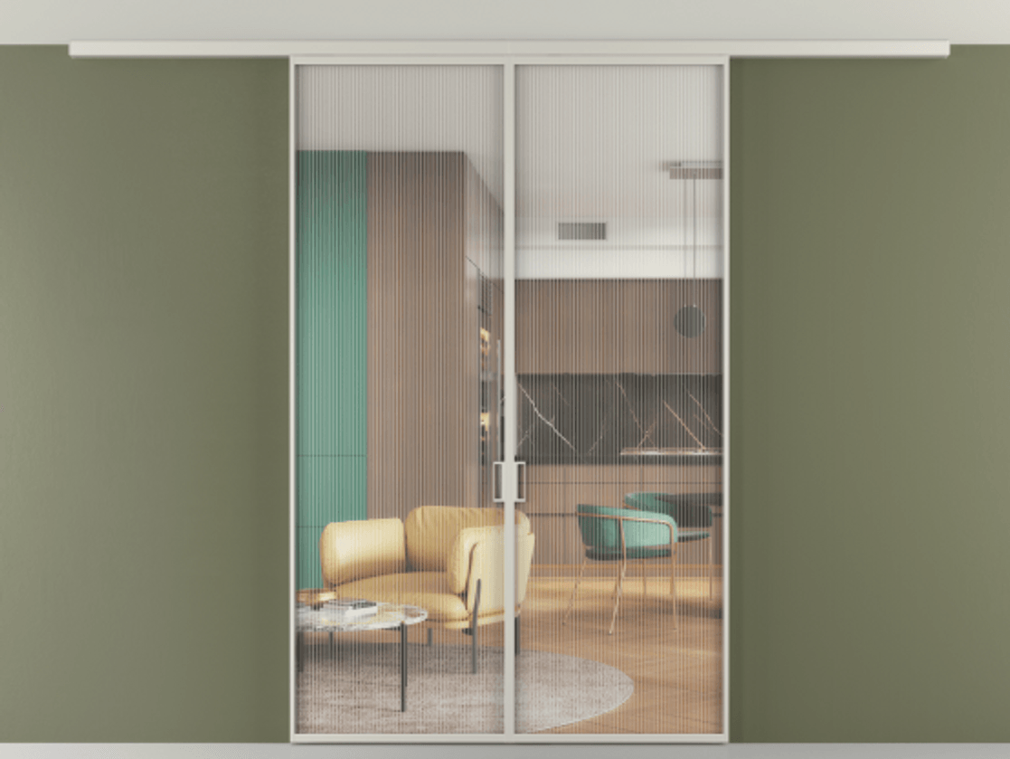 Межкомнатная дверь New Перегородка Formato вдоль стены на потолок двустворчатая АЛПР 040.01 Алюминий тёплый серый Рифлёное стекло "Moru", триплекс Цена 198172  | Volhovec