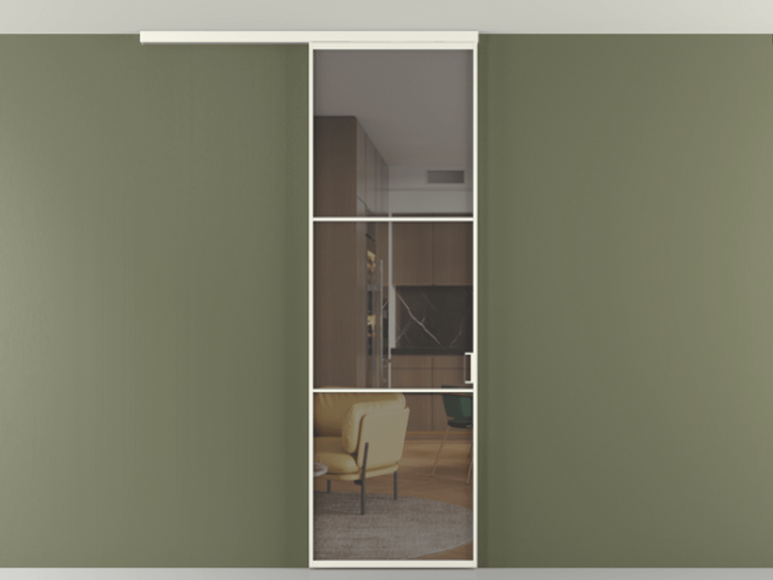 Перегородка Формато вдоль стены на потолок 1 створка АЛПР 040.03 Алюминий жемчужный Прозрачное серое стекло, триплекс Цена 5260 AZE | Volhovec