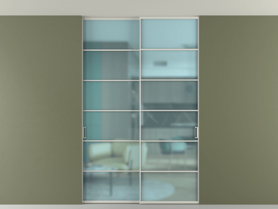 Перегородка Формато внутри проёма скрытое крепление в потолок 2 створки АЛПР 040.04 Алюминий тёплый серый Сатинированное голубое стекло, триплекс Цена 13600 AZE | Volhovec