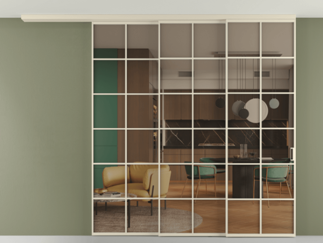 Перегородка Formato вдоль стены на потолок 3 створки с синхронным механизмом АЛПР 040.05 Алюминий бежево-серый Прозрачное бронзовое стекло, триплекс Цена 443610 ₽ | Volhovec