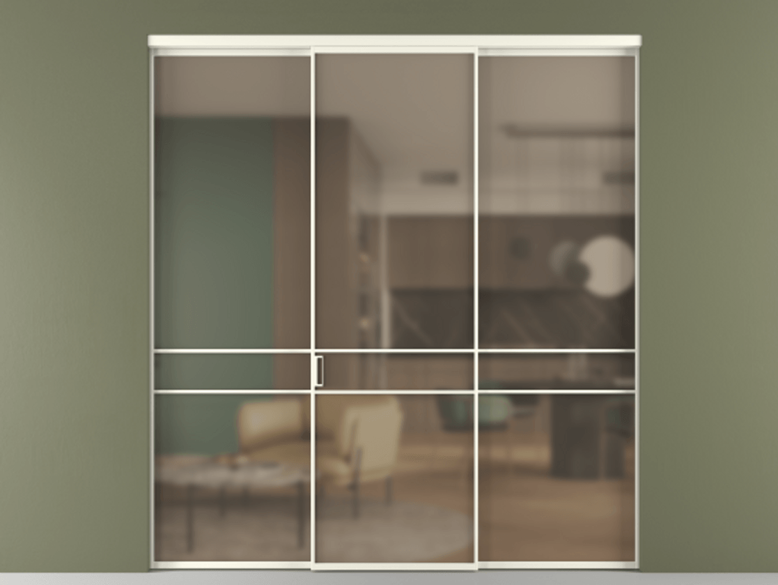 Перегородка Формато внутри проёма 3 створки АЛПР 040.02 Алюминий жемчужный Сатинированное бронзовое стекло, триплекс Цена 12370 AZE | Volhovec