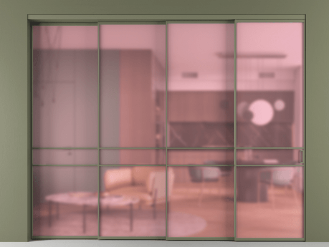 Перегородка Formato внутри проёма 4 створки с синхронным механизмом АЛПР 040.02 Алюминий оливковый тёмный Сатинированное розовое стекло, триплекс Цена 23400 AZE | Volhovec