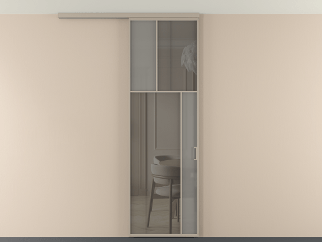 Перегородка Мозаик вдоль стены на потолок 1 створка АЛПР 041.23 Алюминий бисквитный Сатинированное серое стекло, триплекс, 6 мм + Прозрачное серое стекло, триплекс Цена 7040 AZE | Volhovec