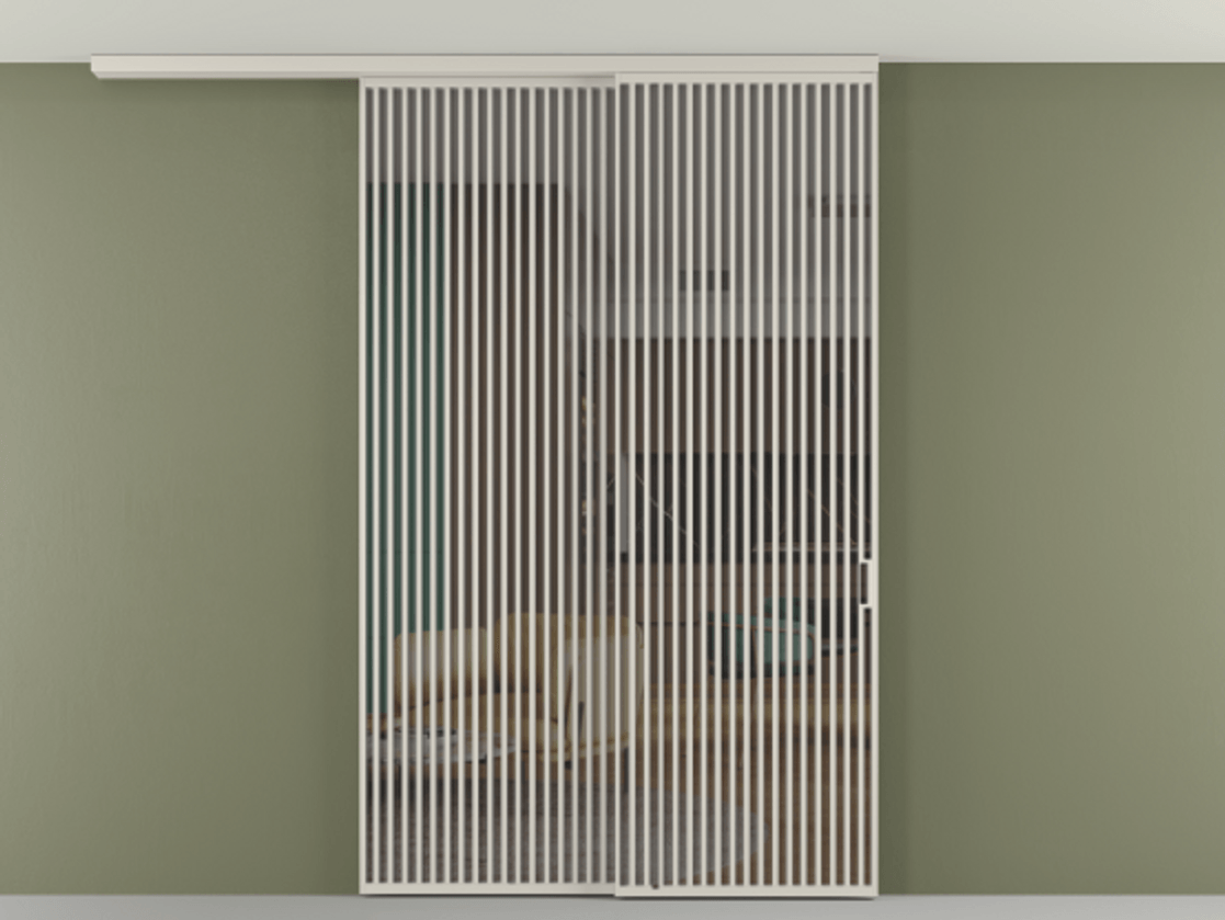 Перегородка Формато вдоль стены на потолок 2 створки с синхронным механизмом АЛПР 040.06 Алюминий облачно-серый Прозрачное серое стекло, триплекс Цена 23480 AZE | Volhovec