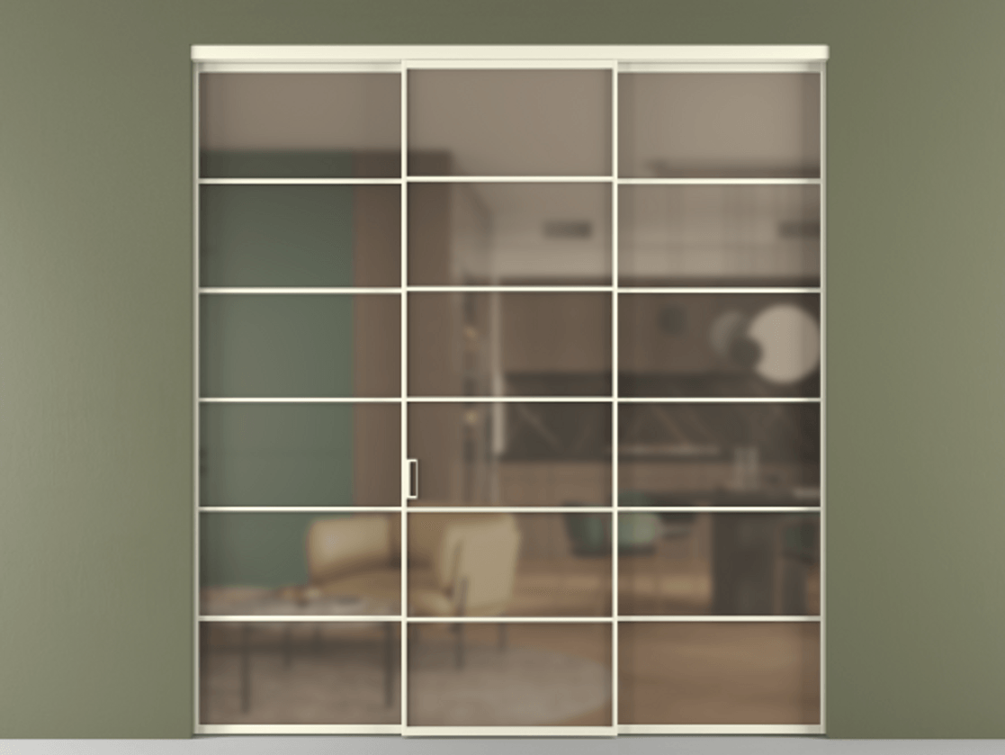 Перегородка Формато внутри проёма 3 створки АЛПР 040.04 Алюминий молочно-белый Сатинированное бронзовое стекло, триплекс Цена 13280 AZE | Volhovec