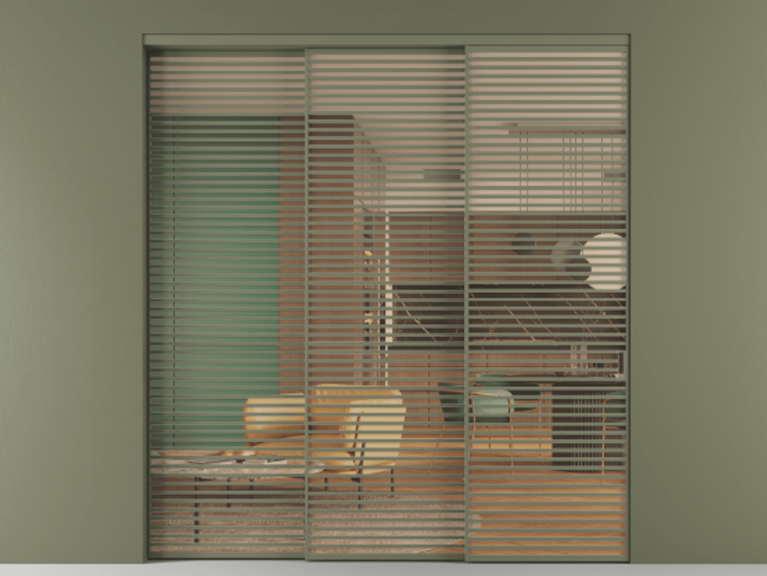 Перегородка Formato внутри проёма 3 створки с синхронным механизмом АЛПР 040.07 Алюминий оливковый тёмный Прозрачное оранжевое стекло, триплекс Цена 30200 AZE  | Volhovec