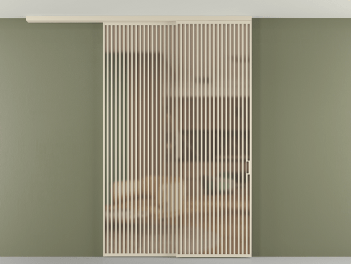 Перегородка Formato вдоль стены на потолок 2 створки с синхронным механизмом АЛПР 040.06 Алюминий бежево-серый Сатинированное оранжевое стекло, триплекс Цена 27500 AZE | Volhovec