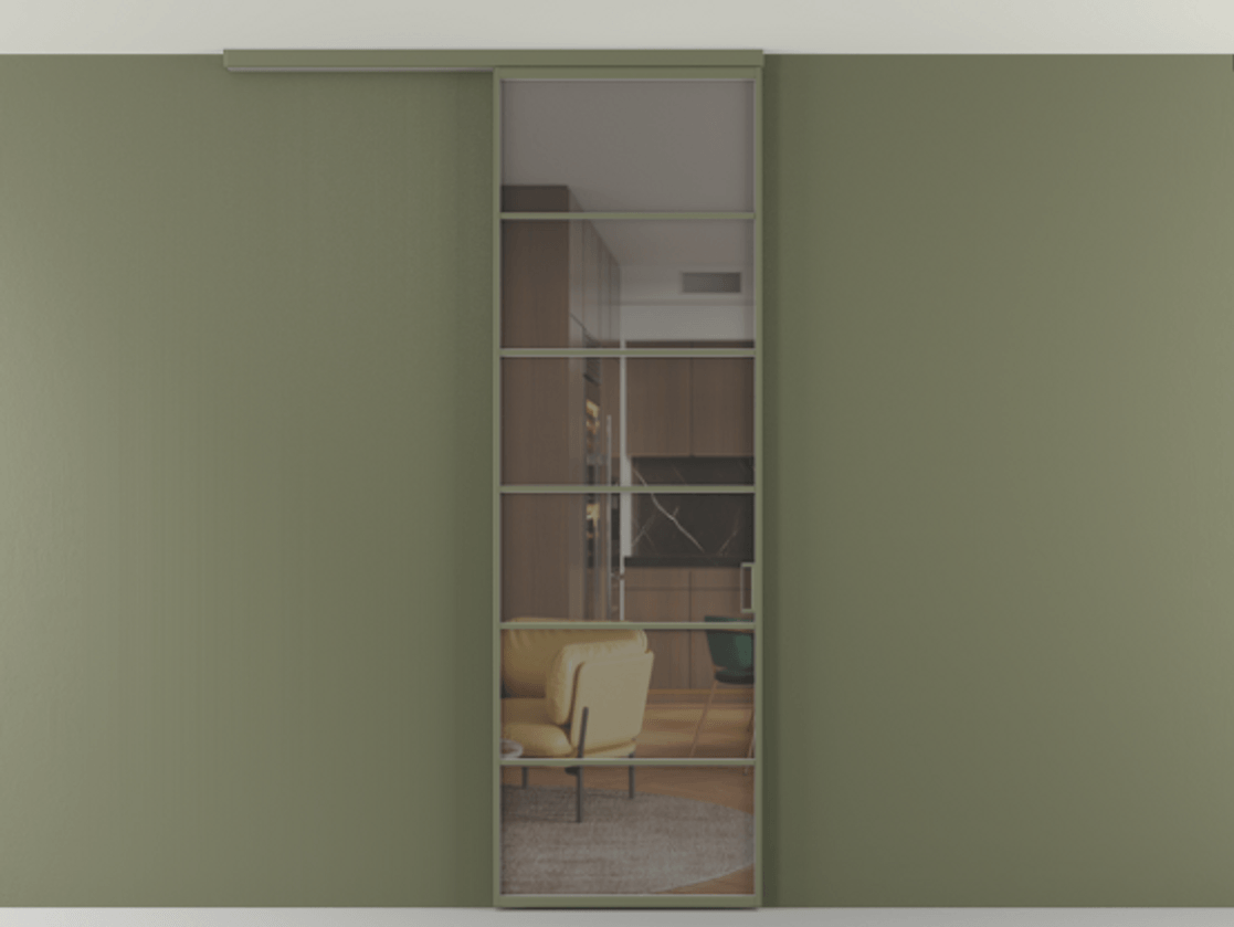 Перегородка Формато вдоль стены на потолок 1 створка АЛПР 040.04 Алюминий оливковый тёмный Прозрачное серое стекло, триплекс Цена 5620 AZE | Volhovec