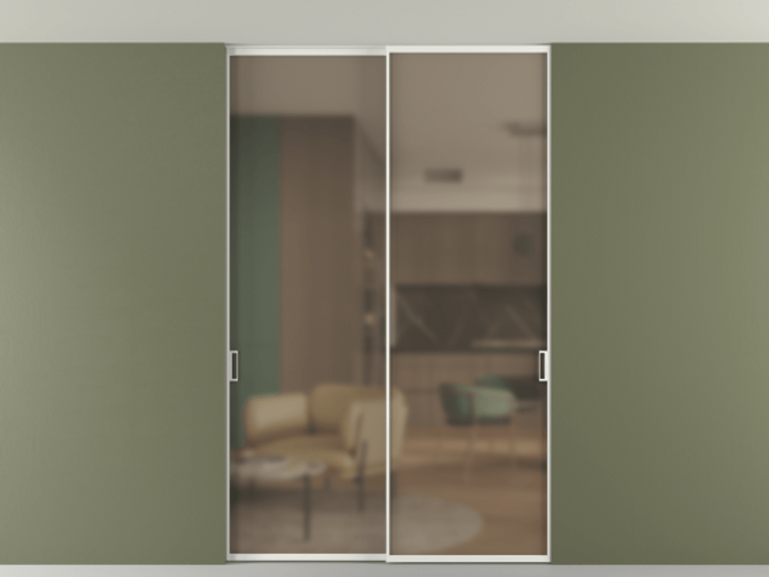 Перегородка Формато внутри проёма скрытое крепление в потолок 2 створки АЛПР 040.01 Алюминий светло-серый Сатинированное бронзовое стекло, триплекс Цена 12470 AZE | Volhovec