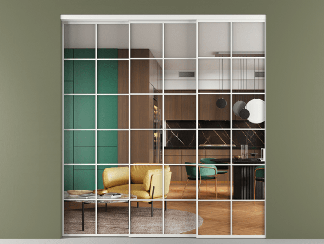 Перегородка Формато внутри проёма 3 створки с синхронным механизмом АЛПР 040.05 Алюминий белоснежный Прозрачное стекло "Кристал Вижн", калёное Цена 22780 AZE  | Volhovec