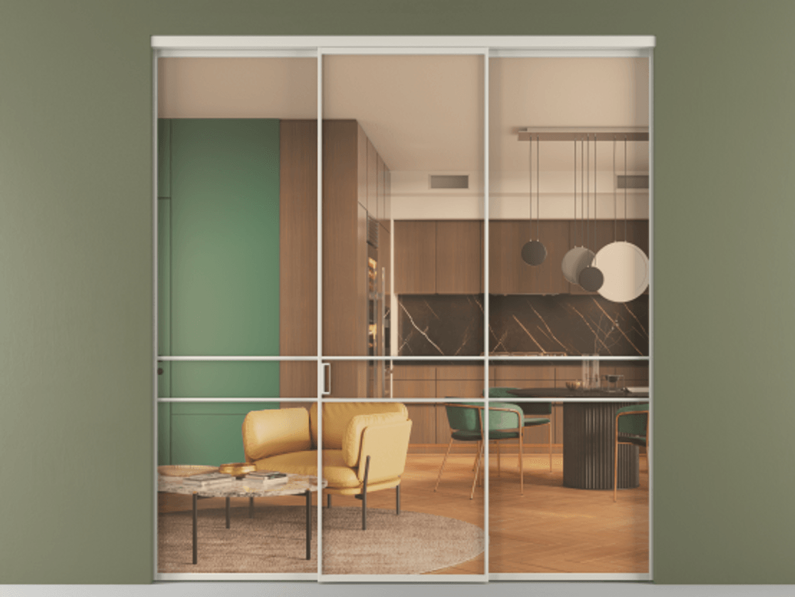 Перегородка Формато внутри проёма 3 створки АЛПР 040.02 Алюминий облачно-серый Прозрачное оранжевое стекло, триплекс Цена 12400 AZE | Volhovec