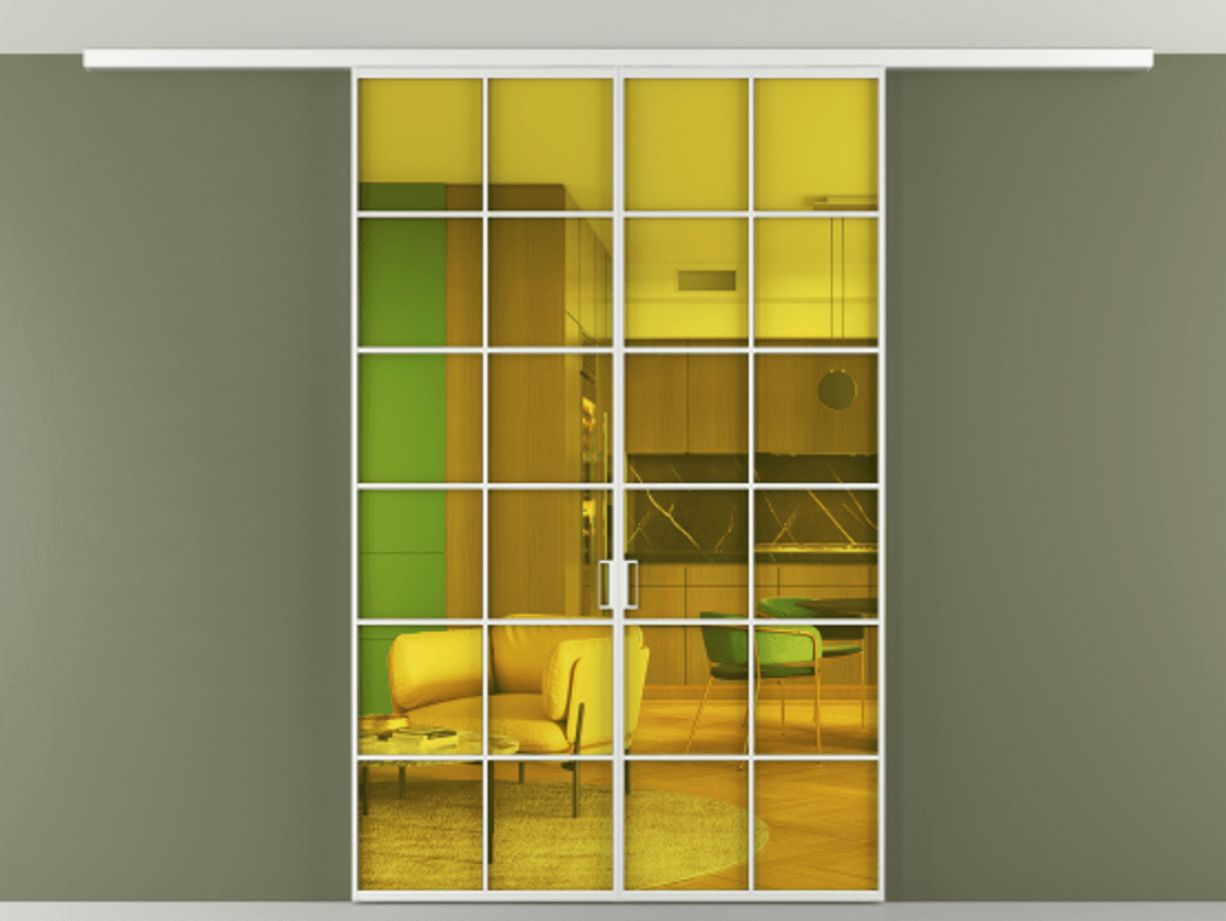 Перегородка Formato вдоль стены на потолок 2 створки АЛПР 040.05 Алюминий белоснежный Прозрачное жёлтое стекло, триплекс Цена 12800 AZE | Volhovec