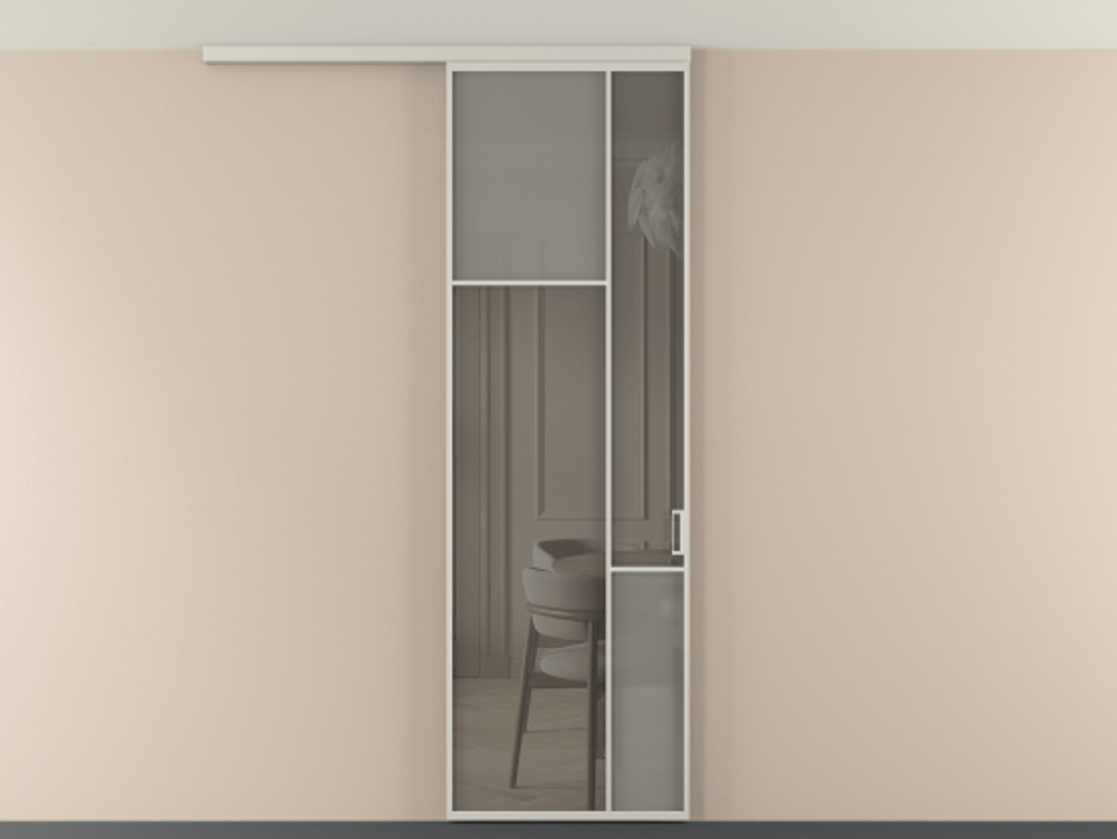 Перегородка Мозаик вдоль стены на потолок 1 створка АЛПР 041.10 Алюминий тёплый серый Сатинированное серое стекло, триплекс, 6 мм + Прозрачное серое стекло, триплекс Цена 7040 AZE | Volhovec