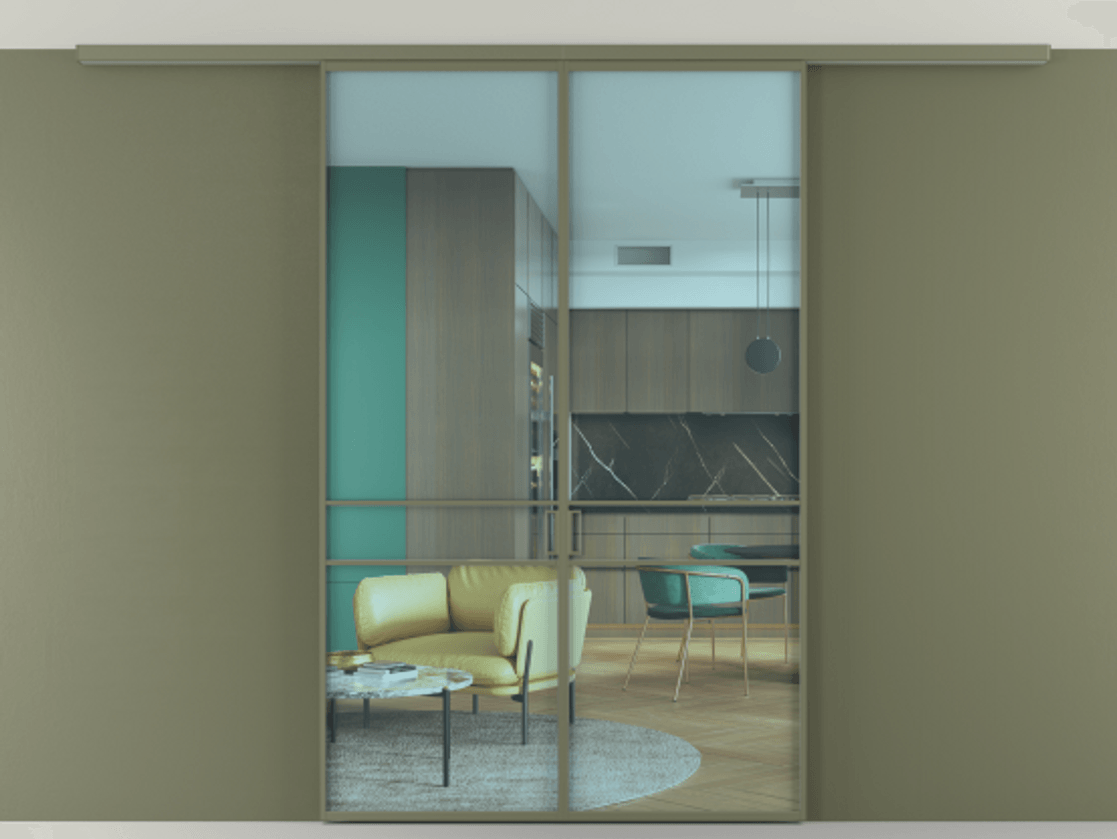 Перегородка Formato вдоль стены на потолок 2 створки АЛПР 040.02 Алюминий оливковый тёмный Прозрачное голубое стекло, триплекс Цена 9700 AZE | Volhovec