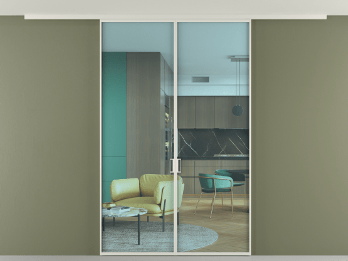 Перегородка Формато вдоль стены на потолок 2 створки АЛПР 040.01 Алюминий Белый Прозрачное голубое стекло, триплекс Цена 8900 AZE | Volhovec