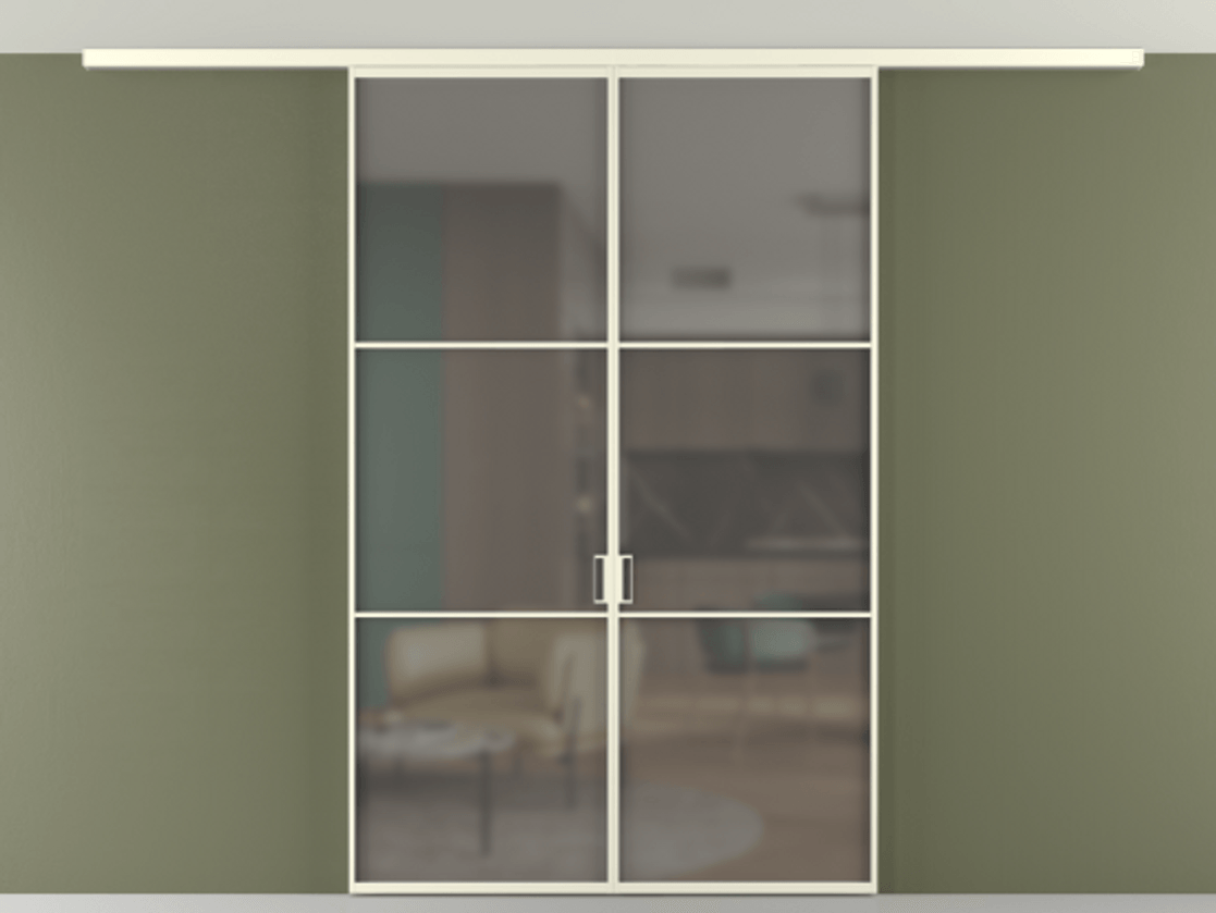 Перегородка Формато вдоль стены на потолок 2 створки АЛПР 040.03 Алюминий молочно-белый Сатинированное серое стекло, триплекс Цена 9730 AZE | Volhovec