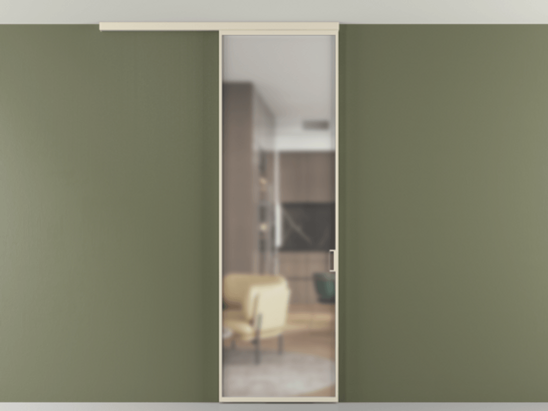 Перегородка Формато вдоль стены на потолок 1 створка АЛПР 040.01 Алюминий бежево-серый Сатинированное стекло "Мателюкс Кристал Вижн", калёное, матовое, каленое 6 мм Цена 6230 AZE | Volhovec