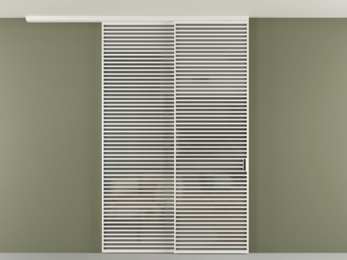 Перегородка Формато вдоль стены на потолок 2 створки с синхронным механизмом АЛПР 040.07 Алюминий светло-серый Сатинированное серое стекло, триплекс Цена 27450 AZE | Volhovec