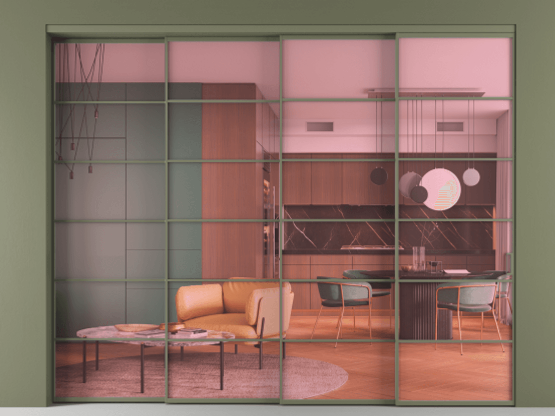 Перегородка Formato внутри проёма 4 створки с синхронным механизмом АЛПР 040.04 Алюминий оливковый тёмный Прозрачное розовое стекло, триплекс Цена 25500 AZE | Volhovec