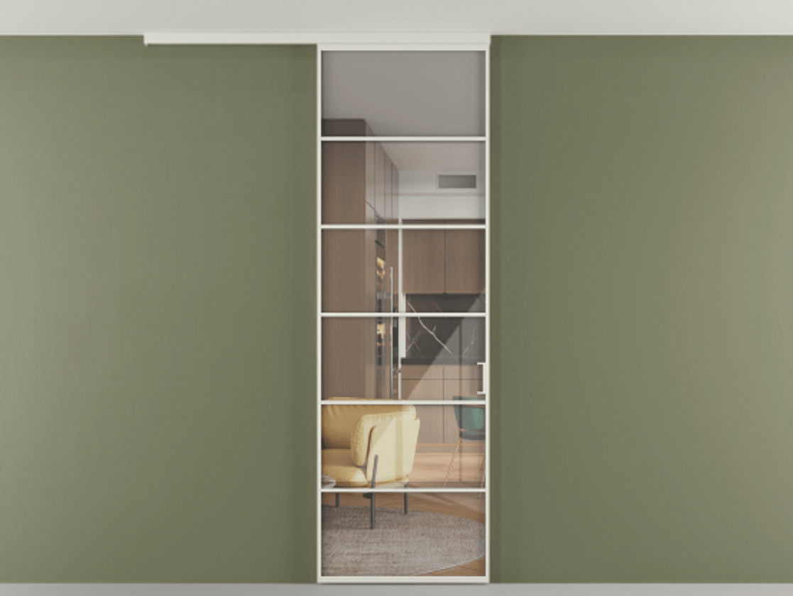 Перегородка Формато вдоль стены на потолок 1 створка АЛПР 040.04 Алюминий Белый Рефлективное прозрачное стекло "Стопсол", калёное Цена 6720 AZE | Volhovec