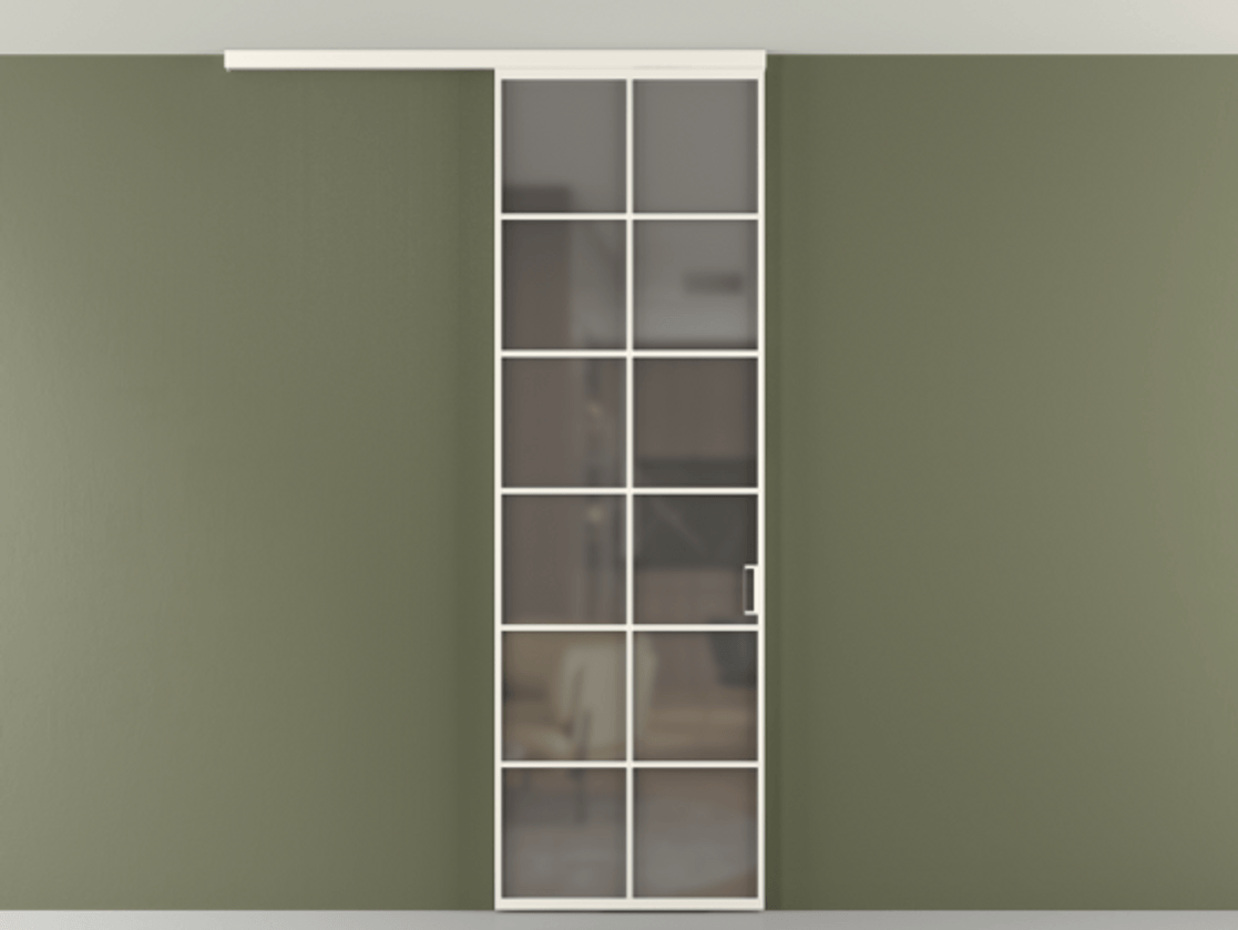 Перегородка Формато вдоль стены на потолок 1 створка АЛПР 040.05 Алюминий пудровый белый Сатинированное серое стекло, триплекс Цена 5380 AZE | Volhovec