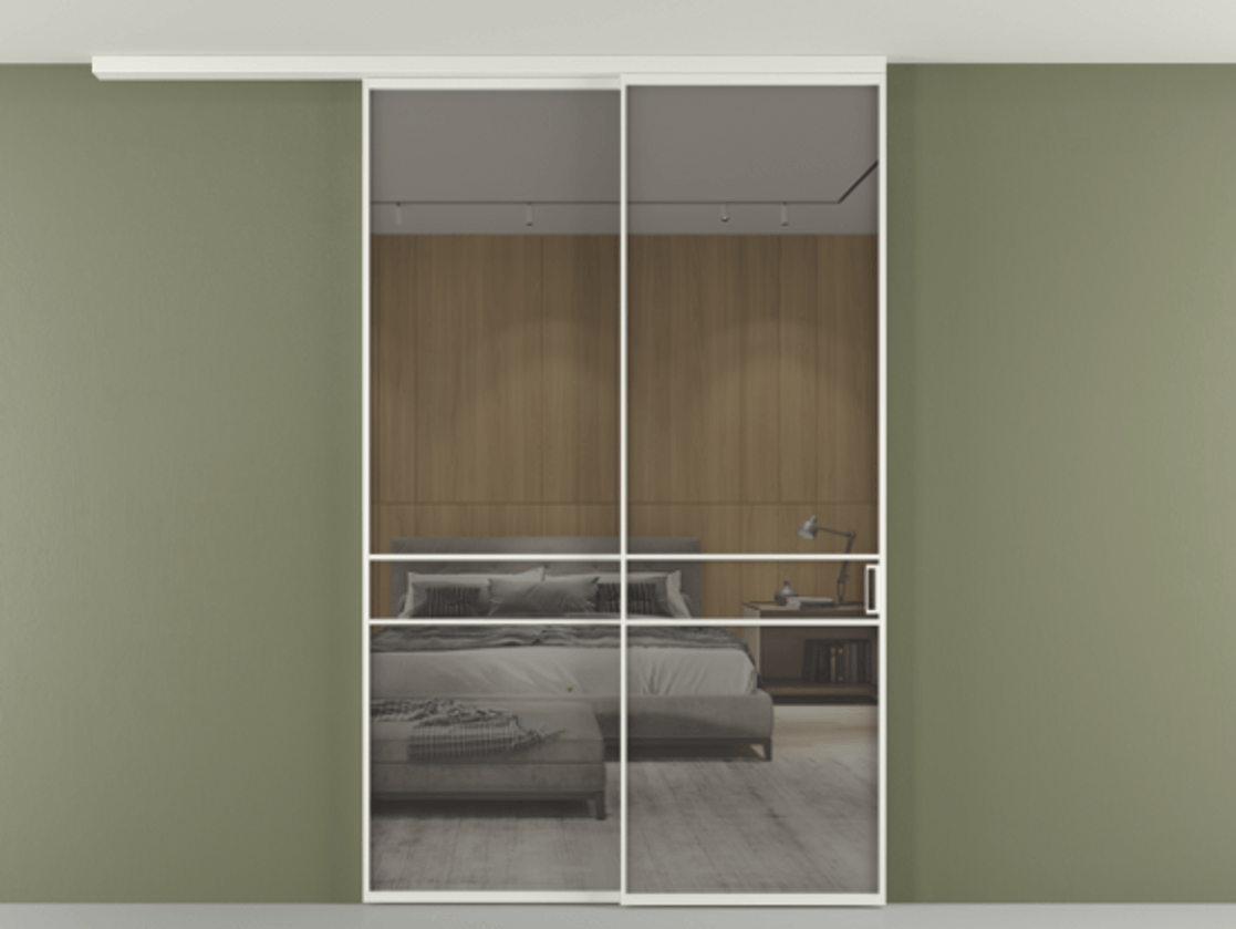 Перегородка Формато вдоль стены на потолок 2 створки с синхронным механизмом АЛПР 040.02 Алюминий светло-серый Рефлективное серое стекло "Стопсол", калёное Цена 17050 AZE | Volhovec