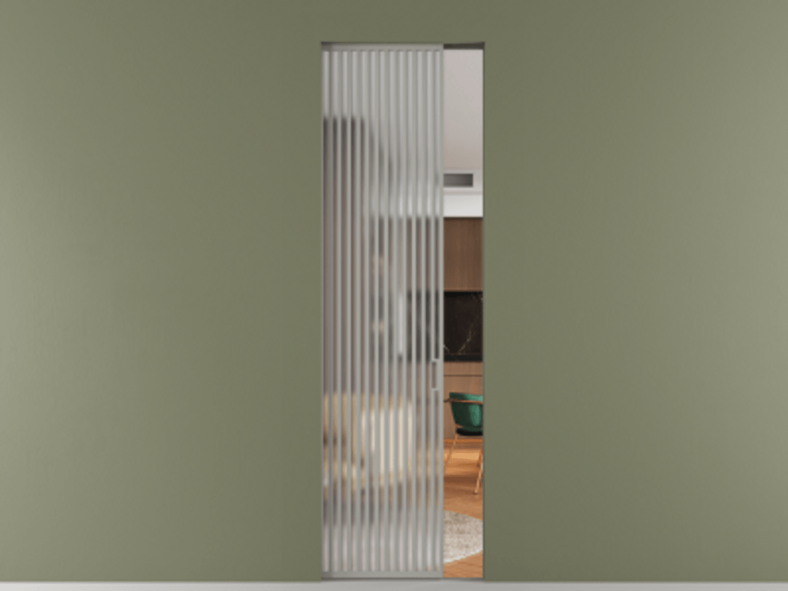 Перегородка Формато скрытый пенал 1 створка АЛПР 040.06 Алюминий нейтральный серый Сатинированное стекло "Мателюкс Кристал Вижн", калёное, матовое, каленое 6 мм Цена 12520 AZE | Volhovec