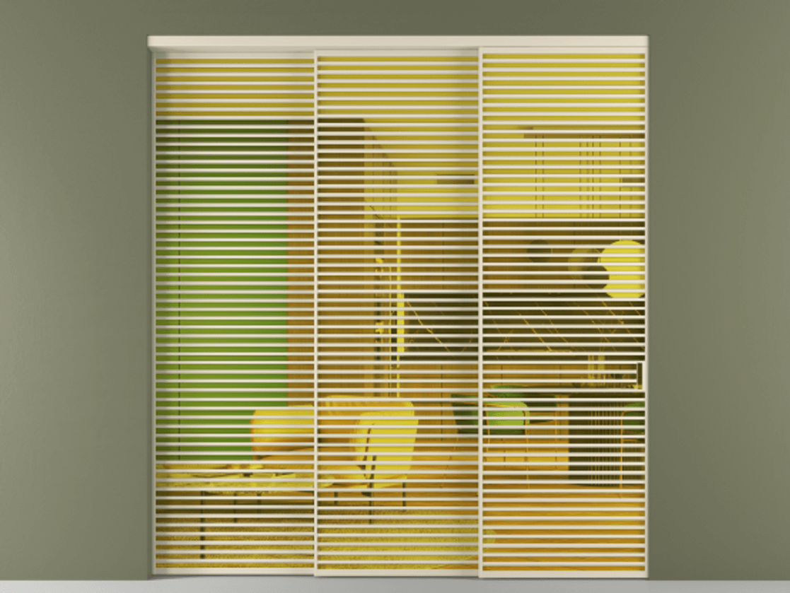 Перегородка Formato внутри проёма 3 створки с синхронным механизмом АЛПР 040.07 Алюминий бежево-серый Прозрачное жёлтое стекло, триплекс Цена 30200 AZE  | Volhovec