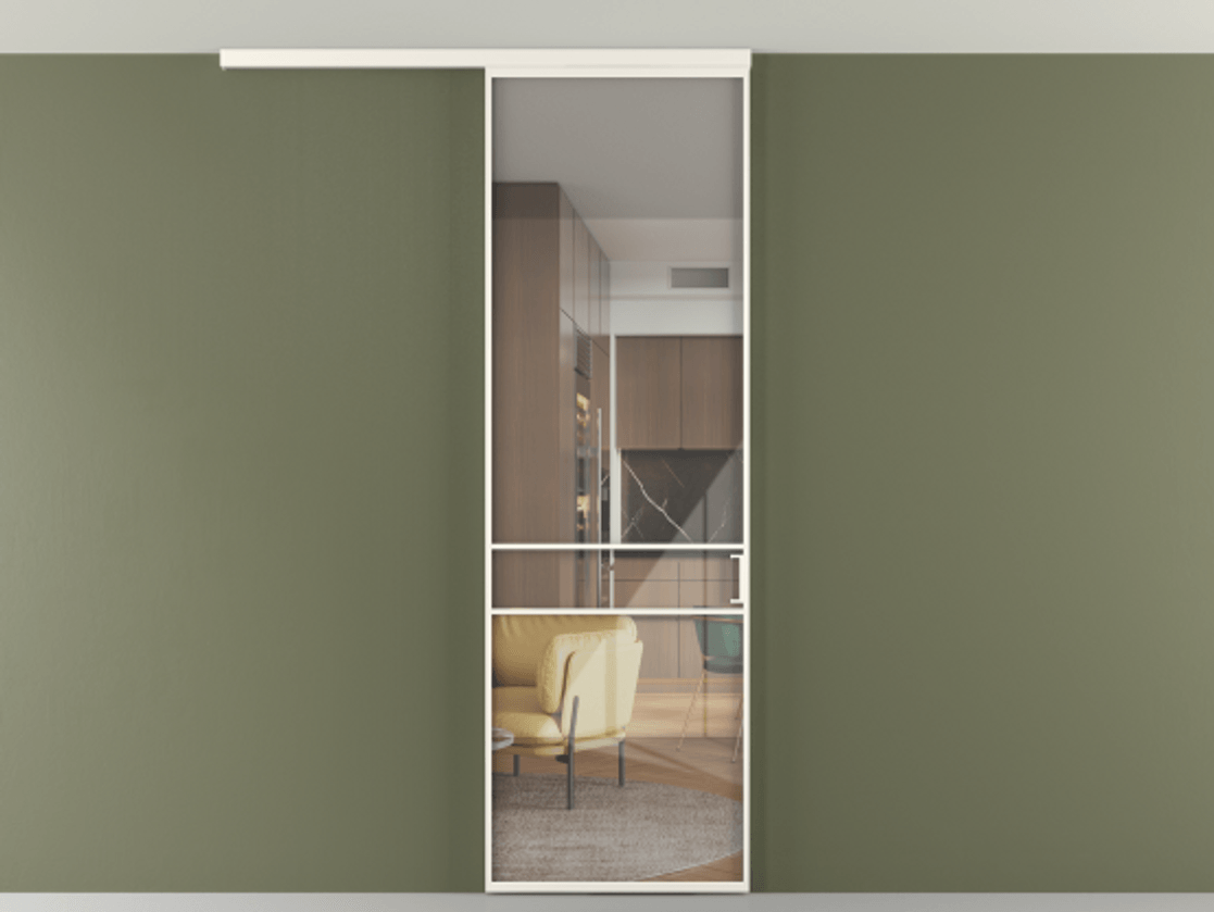 Перегородка Formato вдоль стены на потолок 1 створка АЛПР 040.02 Алюминий пудровый белый Рефлективное прозрачное стекло "Стопсол", калёное Цена 6540 AZE | Volhovec