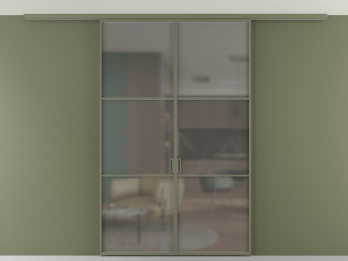 Перегородка Формато вдоль стены на потолок 2 створки АЛПР 040.03 Алюминий оливковый тёмный Сатинированное серое стекло, триплекс Цена 11880 AZE | Volhovec