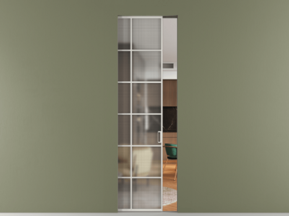 Перегородка Formato скрытый пенал 1 створка АЛПР 040.05 Алюминий Белый Декоративное стекло с сеткой "Mesh silver", триплекс Цена 9500 AZE | Volhovec