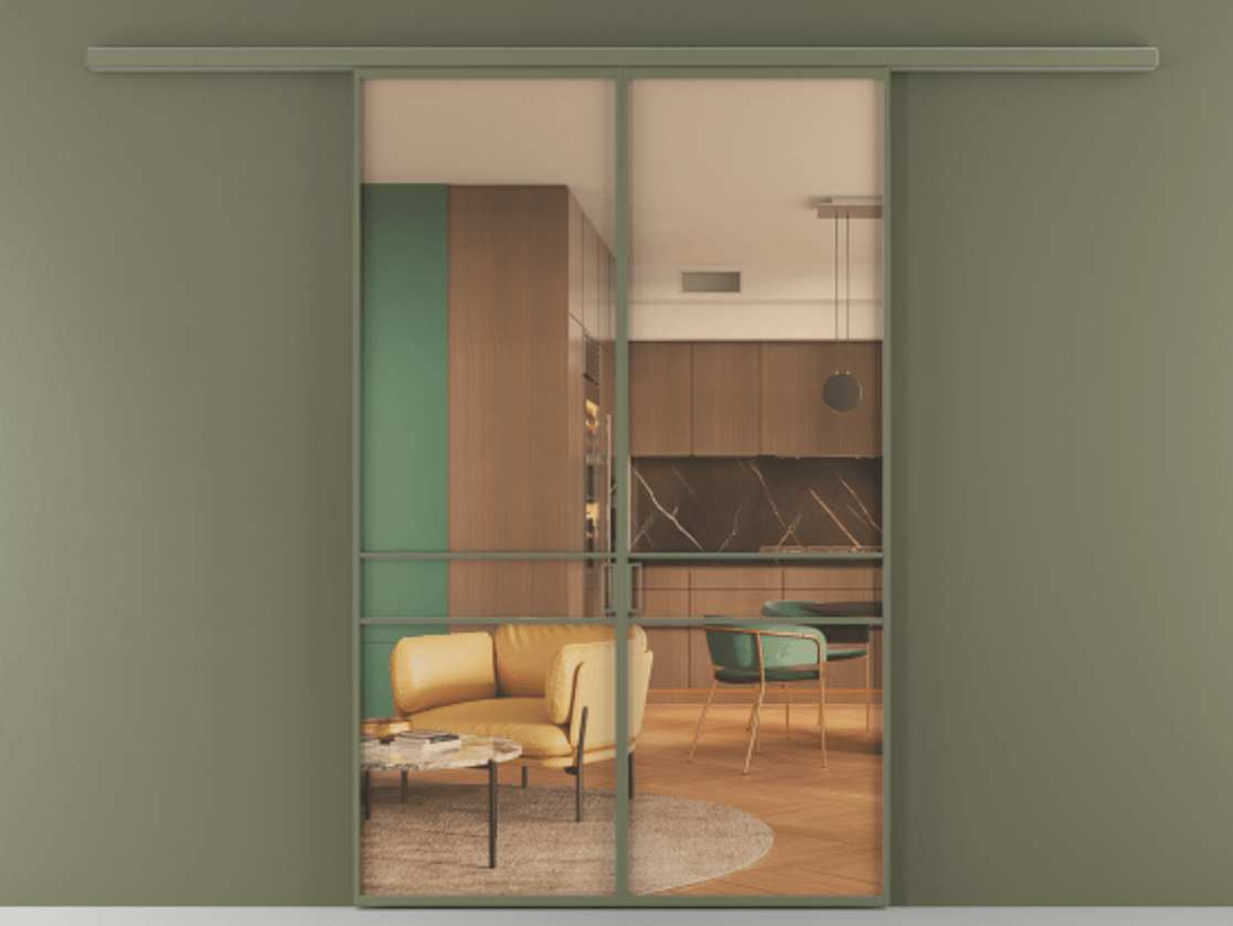 Перегородка Formato вдоль стены 2 створки АЛПР 040.02 Алюминий оливковый тёмный Прозрачное оранжевое стекло, триплекс Цена 10600 AZE | Volhovec