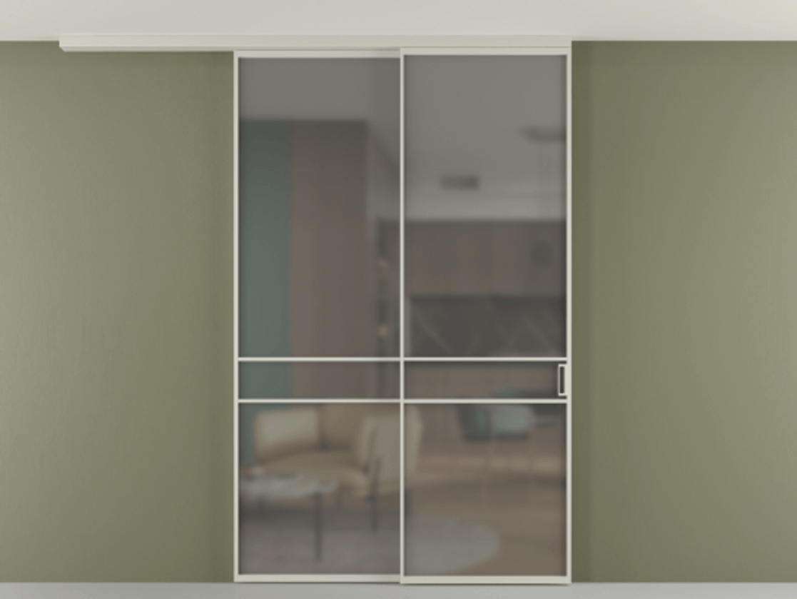 Перегородка Формато вдоль стены на потолок 2 створки с синхронным механизмом АЛПР 040.02 Алюминий тёплый серый Сатинированное серое стекло, триплекс Цена 16210 AZE | Volhovec