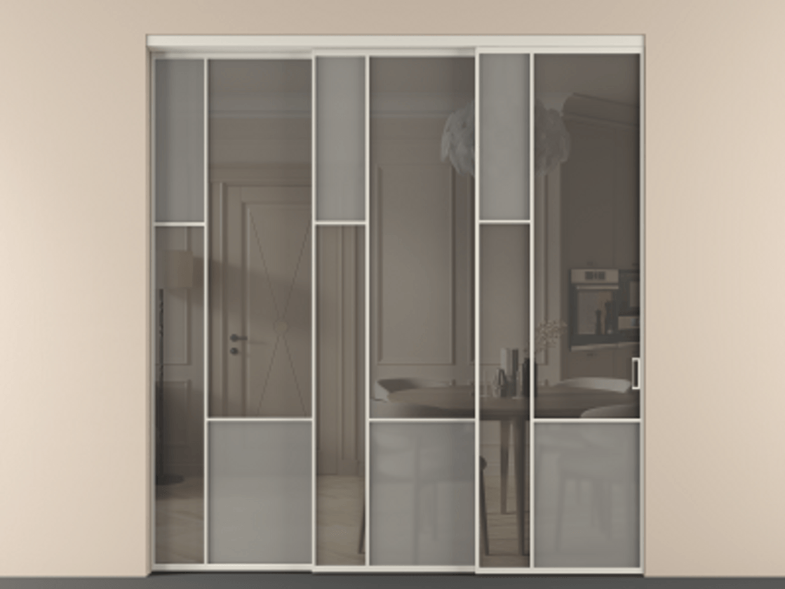 Перегородка Мозаик внутри проёма 3 створки с синхронным механизмом АЛПР 041.13 Алюминий облачно-серый Сатинированное серое стекло, триплекс, 6 мм + Прозрачное серое стекло, триплекс Цена 22800 AZE | Volhovec