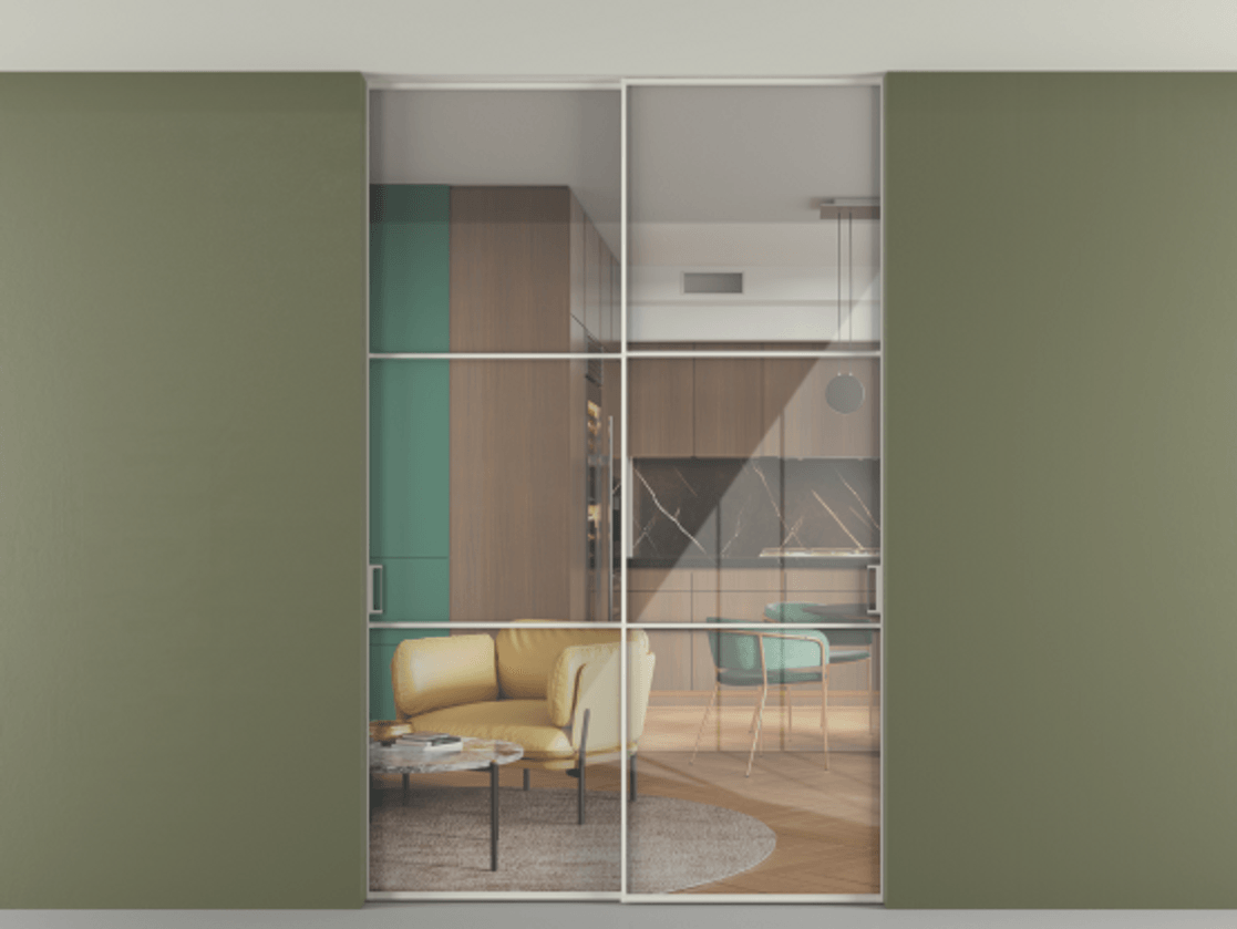 Перегородка Формато внутри проёма скрытое крепление в потолок 2 створки АЛПР 040.03 Алюминий Белый Рефлективное прозрачное стекло "Стопсол", калёное Цена 15510 AZE | Volhovec