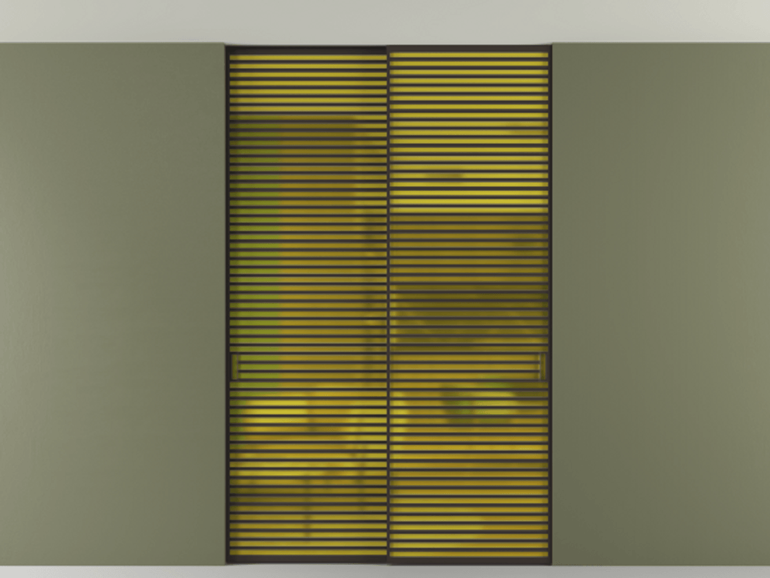 Перегородка Формато внутри проёма скрытое крепление в потолок 2 створки АЛПР 040.07 Алюминий антрацит Сатинированное жёлтое стекло, триплекс Цена 21400 AZE | Volhovec