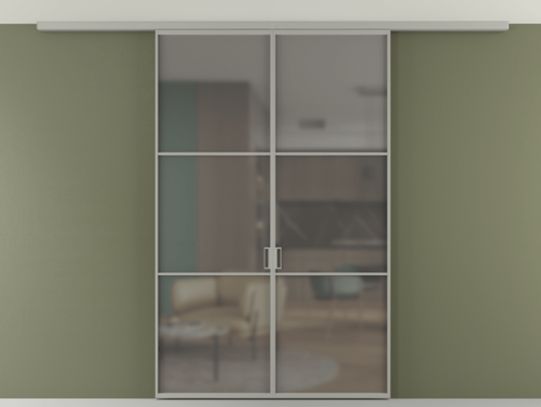 Перегородка Формато вдоль стены на потолок 2 створки АЛПР 040.03 Алюминий нейтральный серый Сатинированное серое стекло, триплекс Цена 46267760 so'm | Volhovec