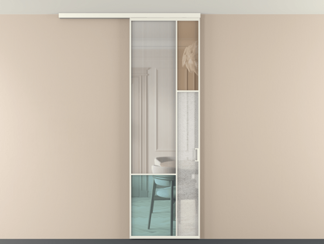 Перегородка Мозаик вдоль стены на потолок 1 створка АЛПР 041.12 Алюминий жемчужный Комбинация стекол Группы 1 и Группы 3 Цена 7400 AZE | Volhovec