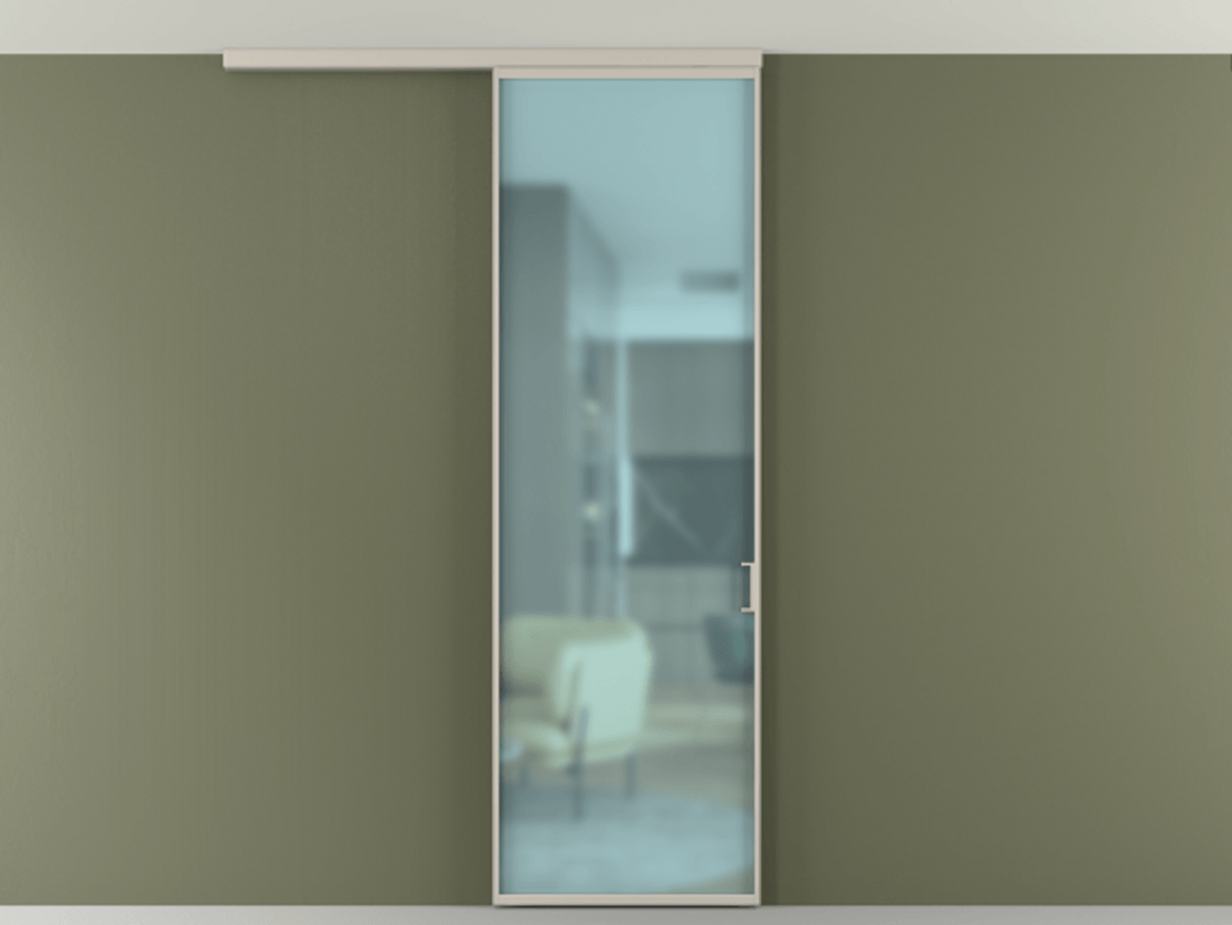 Перегородка Формато вдоль стены на потолок 1 створка АЛПР 040.01 Алюминий светло-бежевый Сатинированное голубое стекло, триплекс Цена 4800 AZE | Volhovec