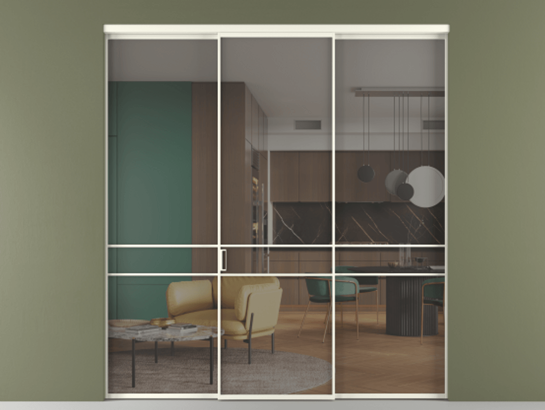 Перегородка Formato внутри проёма 3 створки АЛПР 040.02 Алюминий жемчужный Прозрачное серое стекло, триплекс Цена 12370 AZE | Volhovec