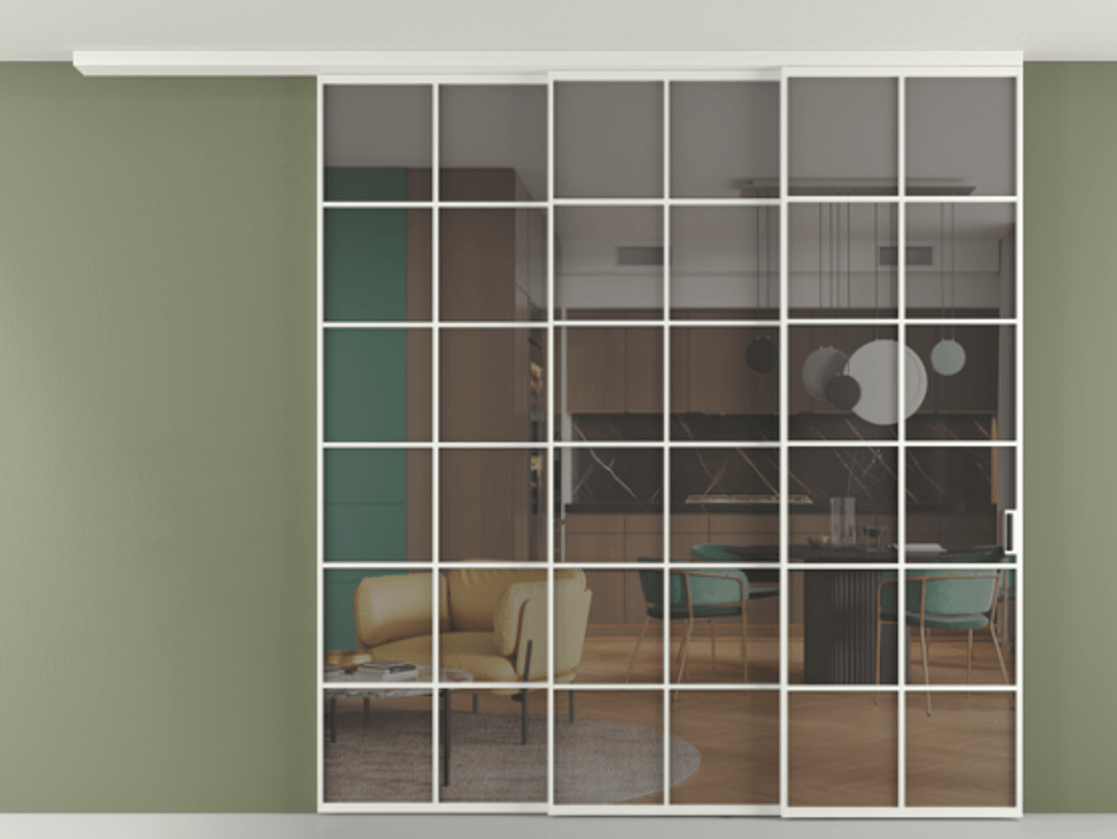 Перегородка Формато вдоль стены на потолок 3 створки с синхронным механизмом АЛПР 040.05 Алюминий светло-серый Прозрачное серое стекло, триплекс Цена 21021 AZE | Volhovec