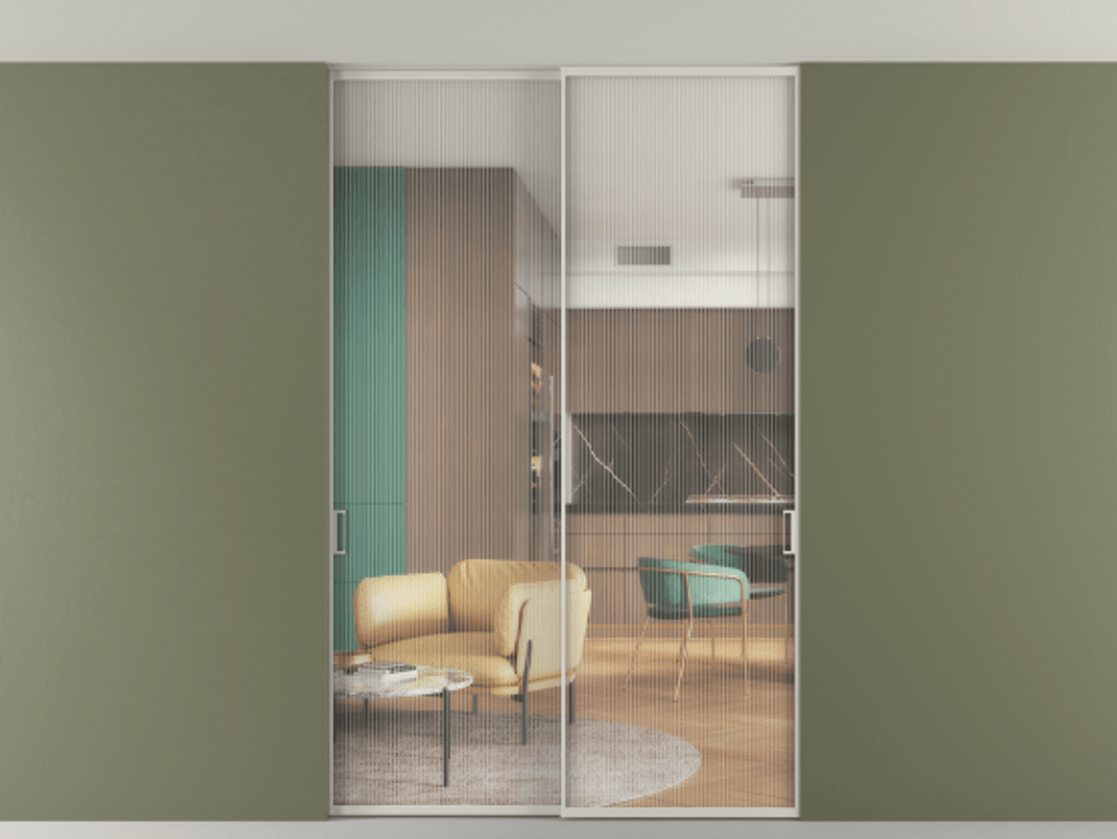 Перегородка Формато внутри проёма скрытое крепление в потолок 2 створки АЛПР 040.01 Алюминий тёплый серый Рифлёное стекло "Мору", триплекс Цена 13100 AZE | Volhovec