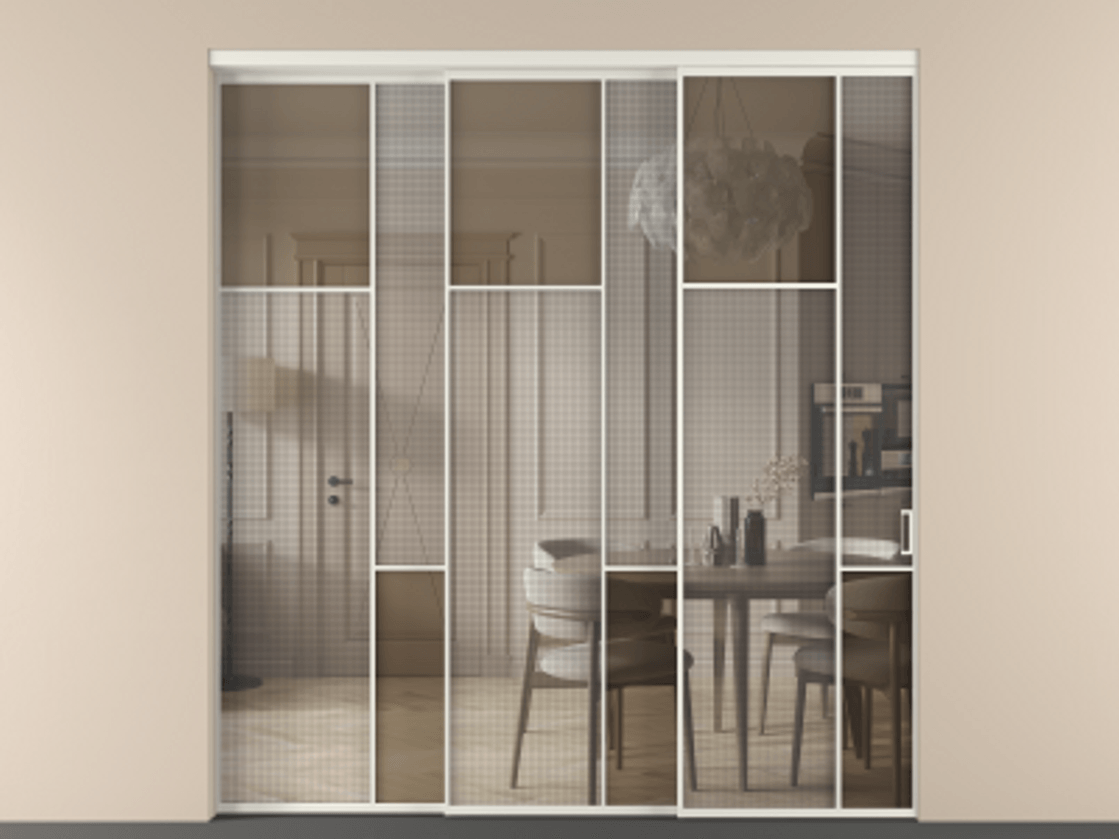 Перегородка Mosaic внутри проема телескопик синхро-3 АЛПР 041.10 Алюминий Белый Mesh silver + Бронза прозрачное триплекс Цена 21070 AZE | Volhovec