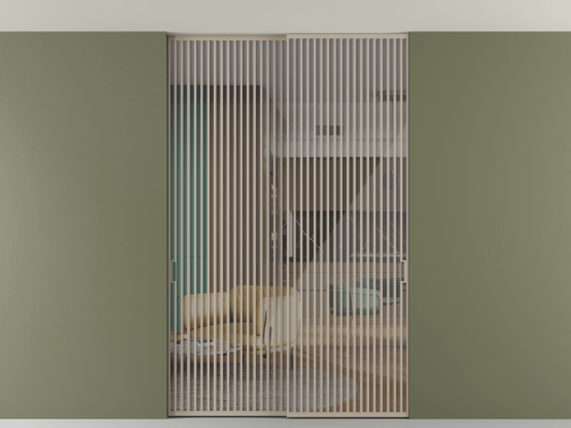 Перегородка Формато внутри проёма скрытое крепление в потолок 2 створки АЛПР 040.06 Алюминий бисквитный Рефлективное прозрачное стекло "Стопсол", калёное Цена 27160 AZE | Volhovec