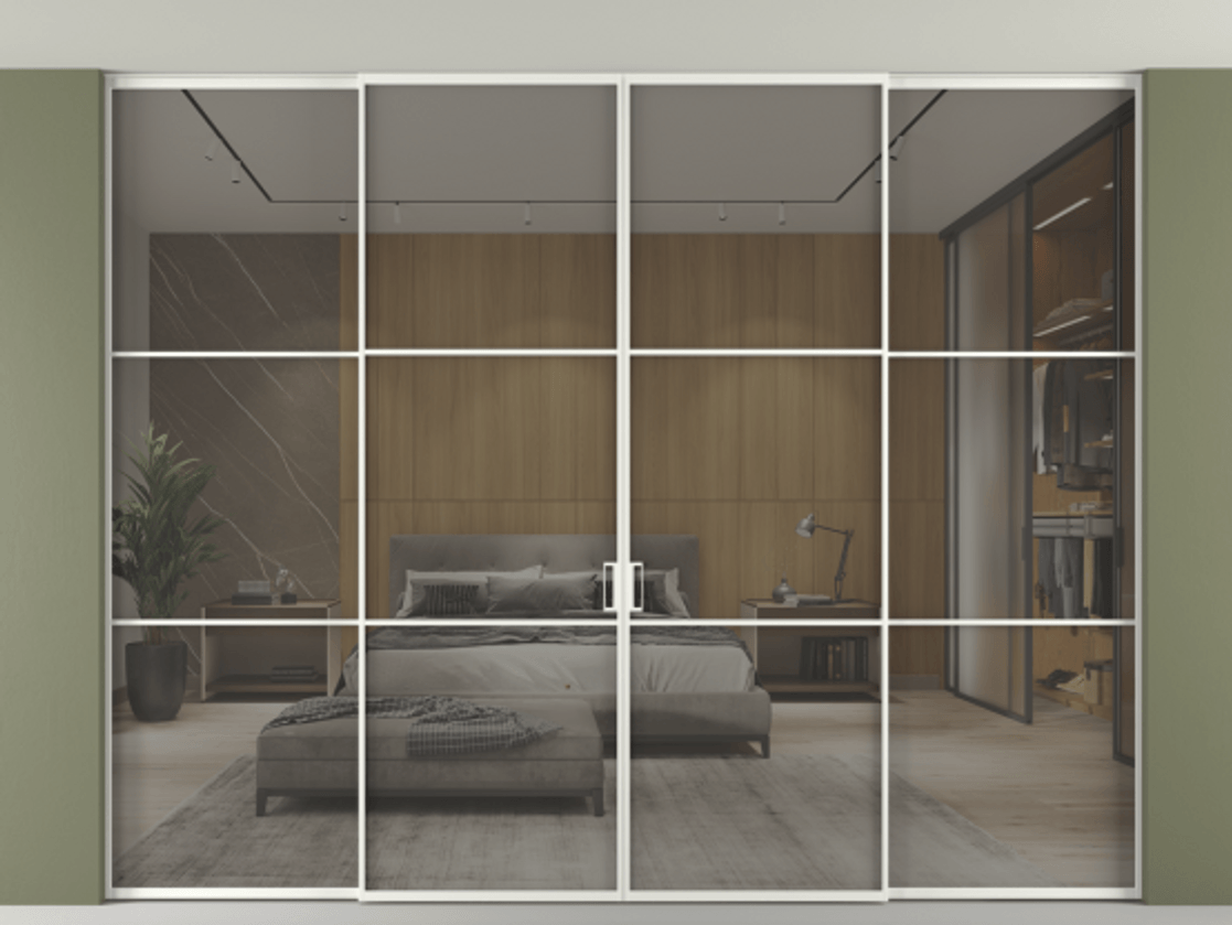 Перегородка Формато внутри проёма скрытое крепление в потолок 4 створки АЛПР 040.03 Алюминий светло-серый Рефлективное серое стекло "Стопсол", калёное Цена 28940 AZE | Volhovec