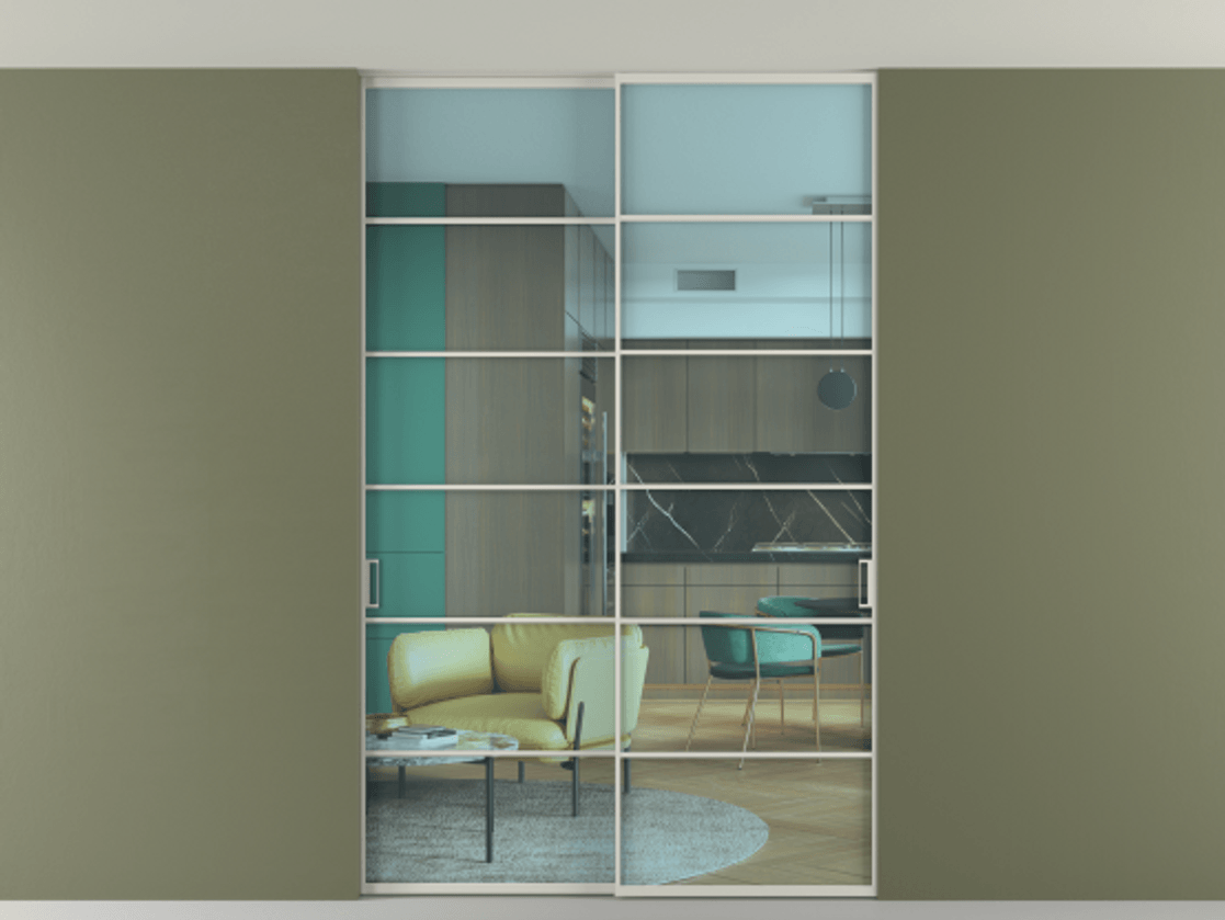 Перегородка Формато внутри проёма скрытое крепление в потолок 2 створки АЛПР 040.04 Алюминий тёплый серый Прозрачное голубое стекло, триплекс Цена 13600 AZE | Volhovec