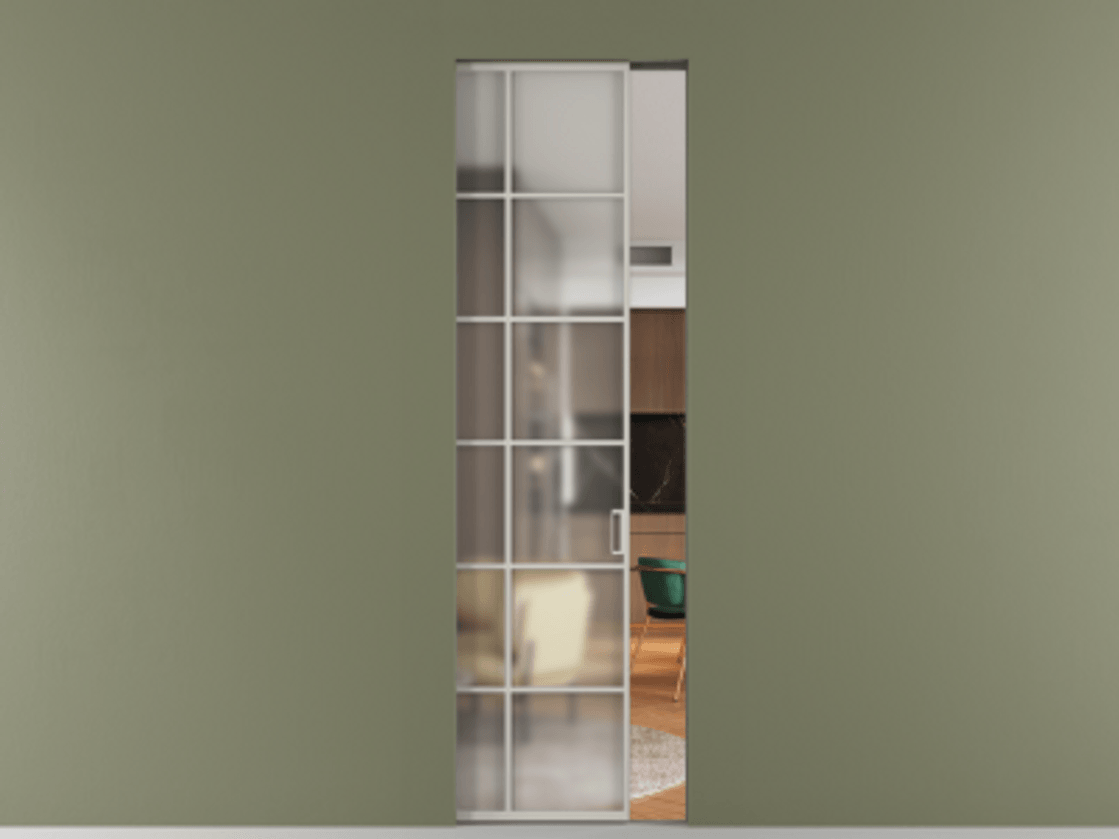 Перегородка Формато скрытый пенал 1 створка АЛПР 040.05 Алюминий тёплый серый Сатинированное стекло "Мателюкс Кристал Вижн", калёное, матовое, каленое 6 мм Цена 8760 AZE | Volhovec