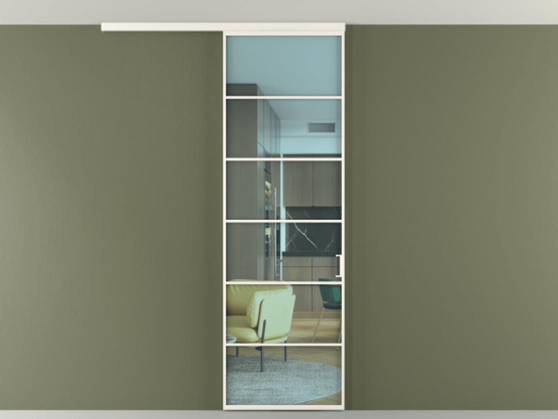 Перегородка Формато вдоль стены на потолок 1 створка АЛПР 040.04 Алюминий пудровый белый Прозрачное голубое стекло, триплекс Цена 5400 AZE | Volhovec