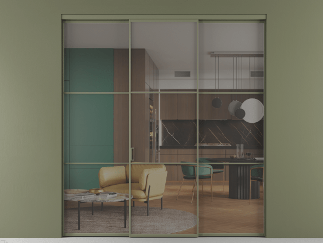 Перегородка Formato внутри проёма 3 створки АЛПР 040.03 Алюминий оливковый тёмный Прозрачное серое стекло, триплекс Цена 12370 AZE | Volhovec