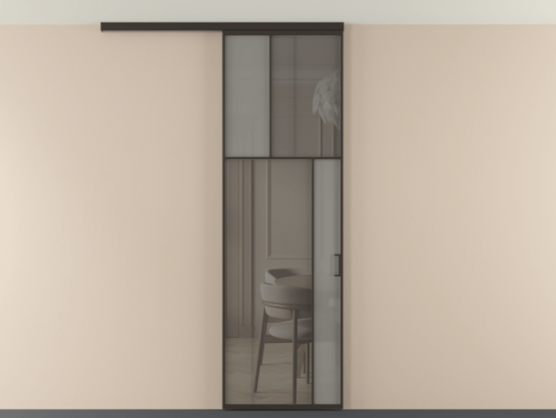 Перегородка Мозаик вдоль стены на потолок 1 створка АЛПР 041.23 Алюминий антрацит Сатинированное серое стекло, триплекс, 6 мм + Прозрачное серое стекло, триплекс Цена 7040 AZE | Volhovec